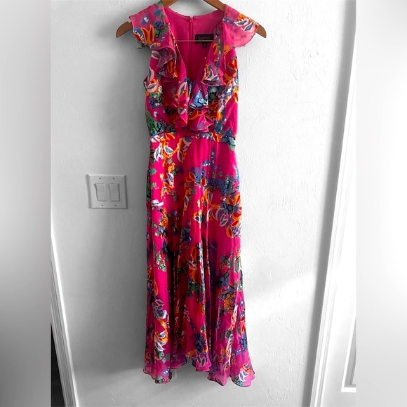 SALONI Rita Floral Silk Midi Dress in Pink Begonia Sz XS - Picture 3 of 6